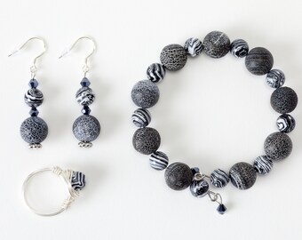 Lava Stone Jewelry Set: Malachite Bracelet, Earrings & Ring