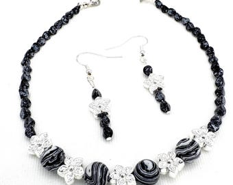 Bead and Chain Necklace Dangle Earrings, Black Silver Jewelry Set