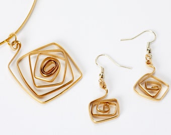 Brass Wire Choker Necklace and Earring Set, Handmade Geometric Design