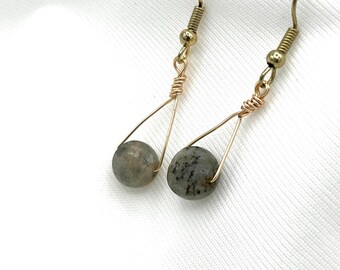 Dainty Green Labradorite Earrings: Gold Wire Gemstone Dangle