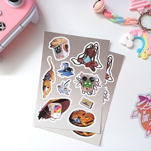 Stray Inspired Cute Robot and Cat A6 Matte Sticker Sheet