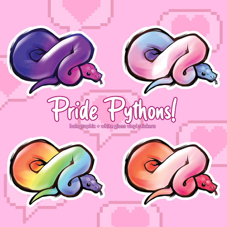 May include: Four holographic vinyl stickers featuring a pride python design. Each sticker is shaped like a heart and features a python curled up in a heart shape. The pythons are colored in the colors of the pride flag: purple, blue, white, pink, orange, yellow, green, and red.