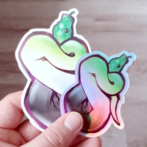 May include: Two green snake stickers, one with a holographic iridescent finish and the other with a white background. Both stickers feature a green snake curled up in a circle.