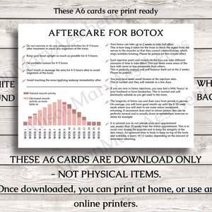 May include: A white card with "AFTERCARE FOR BOTOX" text and instructions. A pink bar graph illustrates muscle activity over 16 weeks. Text at the top says "These A6 cards are print ready". The bottom text says "THESE A6 CARDS ARE DOWNLOAD ONLY - NOT PHYSICAL ITEMS."