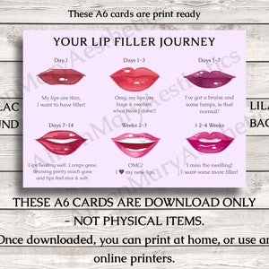 May include: A printable infographic on a lilac background with the title "Your Lip Filler Journey". It shows a series of lips at different stages of healing after lip filler injections, with captions describing the experience.