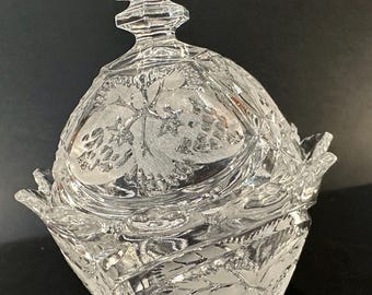 Vintage Lead Crystal Strawberry Covered Candy Dish with Lid | Etched Glass Trinket Box | Cottagecore Decor