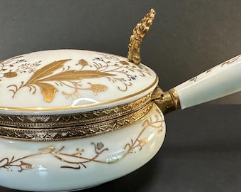 Vintage Hand Painted Porcelain Crumb Collector Silent Butler | Brass Mounted Table Crumber | White & Gold Floral Dining Accessory