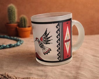 Mug en verre dépoli du sud-ouest des années 90 vintage Thunderbird Design Western Coffee Cup Desert Boho Cabin Decor