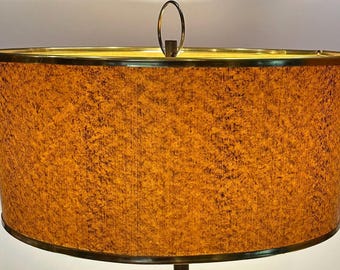 Vintage 1970s Fiberglass Drum Lamp Shade, Amber Gold Spun Fiberglass Shade, Mid Century Modern Lighting, 18 Inch Drum Shade, Brass Trim