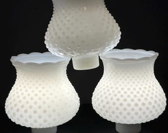 Vintage Milk Glass Hobnail Lamp Shades Set of 3 | Scalloped White Glass Hurricane Shades | Replacement Lighting Globes