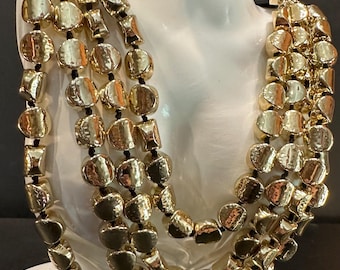Chico’s “Gold Nugget” Statement Necklace | Gold Tone Hammered Beads | Multi Strand Necklace with Black Leather Straps Adjustable 18-22 Inch