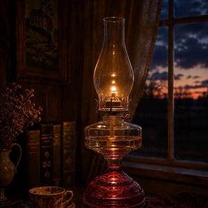 May include: A lit antique oil lamp with a clear glass chimney and a red base. The lamp sits on a wooden surface next to a teacup and books. The background includes a window with a sunset view.