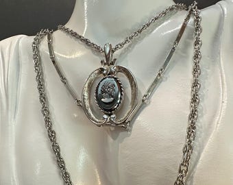 Vintage HMS Cameo Necklace Silver Tone Hematite Glass Cameo Pendant | Victorian Revival Statement Necklace 1970s Jewelry