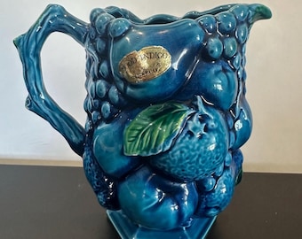 Vintage INARCO Mood Indigo Blue Fruit Cornucopia Pitcher Vase | Japan E2853 | Mid Century Kitchen Decor | Cottagecore Blue Ceramic