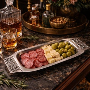 May include: A rectangular silver serving tray filled with salami slices, cheese cubes, and green olives. The tray is on a dark marble surface, with a decanter and glasses of amber liquid in the background. A candle is lit.