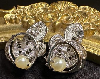 Vintage Filigree Art Deco Silver Tone Clip Earrings with Faux Pearl Drop Rhinestone Accents