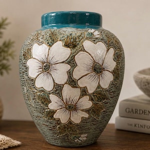 May include: A ceramic vase with a teal rim and a textured sage green body featuring three large white embossed flowers with gold-toned outlines and detailed centers. The surface has a subtle cross-hatched pattern throughout the base.