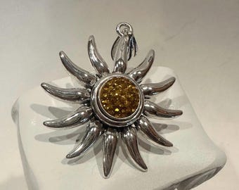 Vintage Style Sunburst Magnetic Pendant Necklace Charm, Interchangeable Druzy Center, Silver Tone Celestial Sun Jewelry