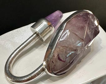 Hubert Harmon Sterling Silver and Carved Amethyst Key Ring | Vintage Mexican 0.925 Modernist Key Holder | Mid Century Artisan Jewelry