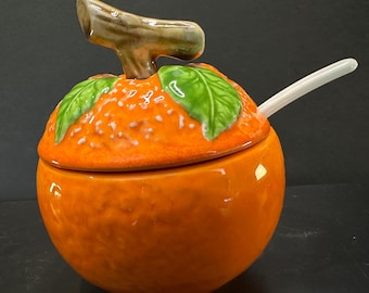 Vintage Ceramic Orange Marmalade/Jam Jar | Fruit Shaped Honey Pot with Lid and Spoon | Made in Japan