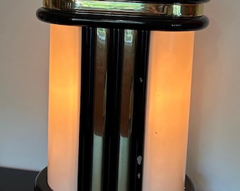 Vintage Art Deco Revival Lighted Column Lamp Base | Black Lacquer & Brass Hollywood Regency Accent Lighting