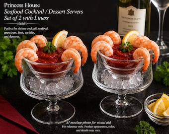 Vintage Princess House Crystal Seafood Cocktail Servers Set of 2 with Liners | Original Box & 1983 Paperwork | Etched Vine Dessert Cups