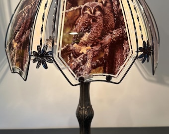 Vintage Owl Table Lamp | OK Lighting Wildlife Shade on Ornate Art Nouveau Style Metal Base | Nature Cabin Decor Accent Light