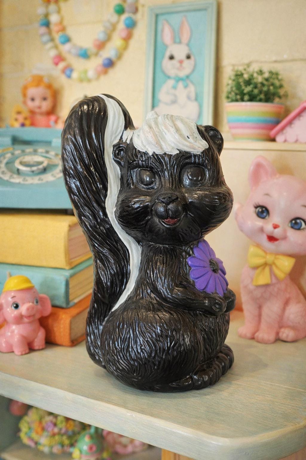 Vintage Art Line Skunk Blow Mold 657 Black White Skunk Holding 
