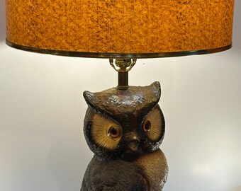 Vintage 1970s Large Owl w Amber Eyes Table Lamp, Mid Century Modern Woodland Decor, Retro Cabin Accent Light ***Shade Not Included***