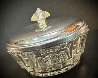 Vintage Art Deco Glass Powder Jar With Chrome Lid | Depression Era Vanity Dresser Trinket Box | Geometric Pressed Glass Covered Dish