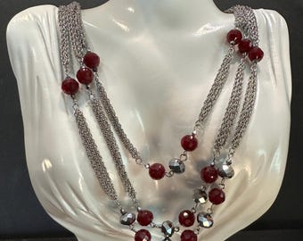 White House Black Market Necklace Red Crystal Beads Hematite Silver Tone Multi Strand Statement Necklace WHBM Layered Jewelry