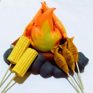 Childrens campfire, Felt Bonfire, Felt Campfire Flame, Pretend Play Campfire Set, Felt Campfire with Roasted Corn and Fish, camping decor