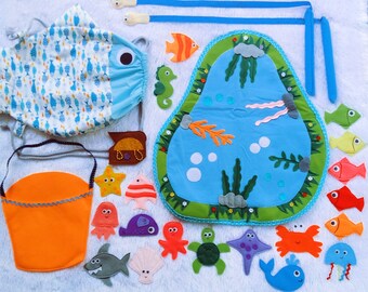 Felt Fishing Game Montessori Toy – Ocean Quiet Book Busy Board – Toddler Fine Motor Activity – Travel Sensory Gift
