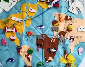 Felt animals of the world set, Montessori World Map Continent, felt round map, Geography lesson, World Map Learning Toy, Felt Continents Map