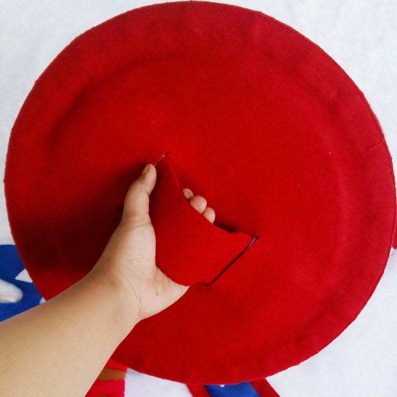 May include: A red felt shield with a handle cut out of the center. The shield is held by a hand.