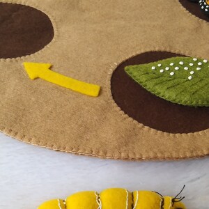 May include: A felt play mat depicting the life cycle of a butterfly. The mat features a brown background with four circles, each containing a different stage of the butterfly's life cycle: egg, caterpillar, chrysalis, and butterfly. The mat also includes yellow arrows indicating the direction of the life cycle. A yellow felt caterpillar is shown below the mat.