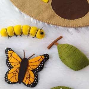 May include: A felt play set for teaching the life cycle of a butterfly. The set includes a yellow caterpillar, a green chrysalis, a green leaf with white dots, and a brown felt circle with yellow arrows.