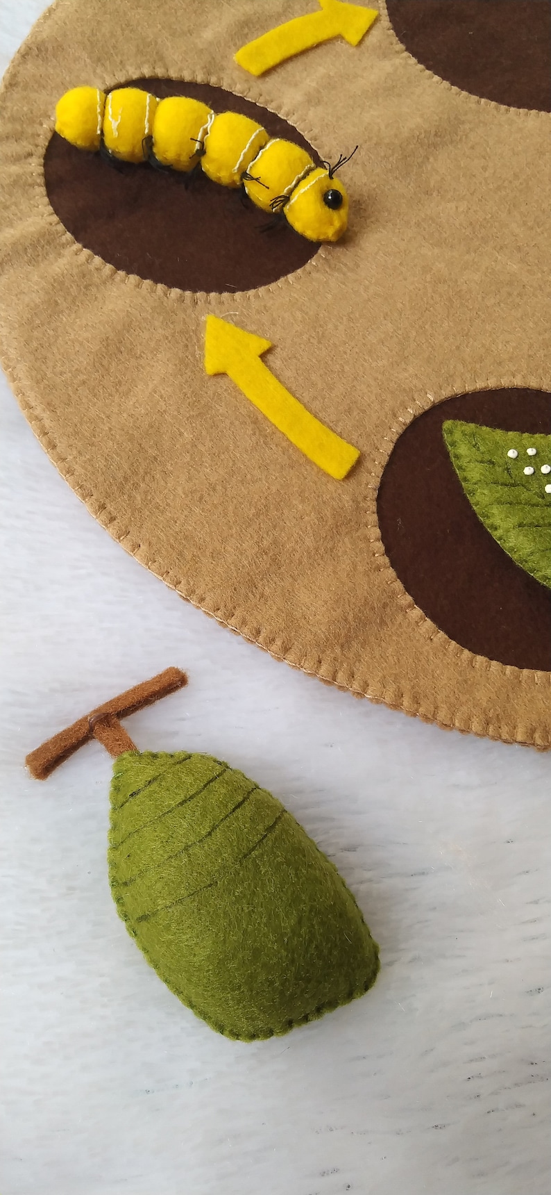 May include: A felt play set depicting the life cycle of a butterfly. A yellow caterpillar with black eyes is shown crawling on a brown surface. A green cocoon with a brown twig on top is shown on a white surface. Yellow felt arrows indicate the direction of the life cycle.