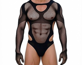 Sexy Men's Perspective Mesh Hollowed Out Erotic Lingerie O Neck Long Sleeve Body Stocking