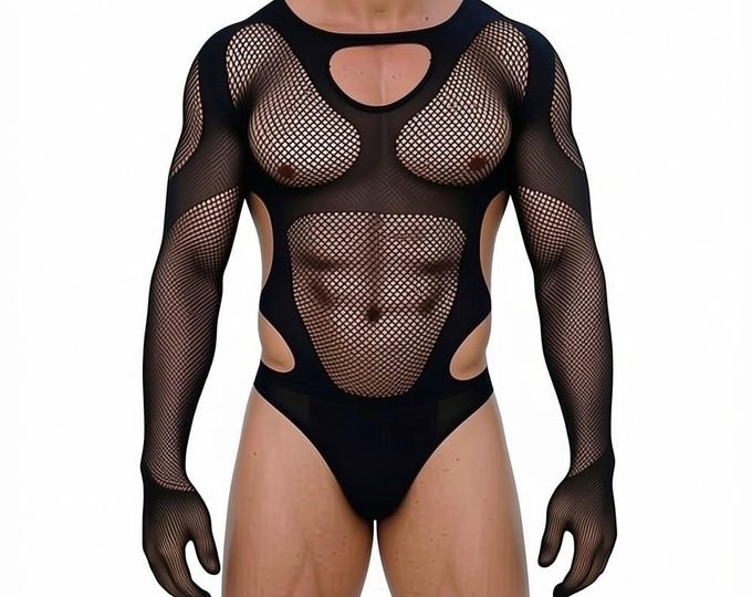 Featured listing image: Sexy Men's Perspective Mesh Hollowed Out Erotic Lingerie O Neck Long Sleeve Body Stocking