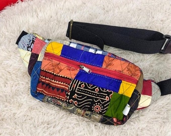 Riñonera de patchwork, bolso bandolera de pana con bolsillos con cremallera