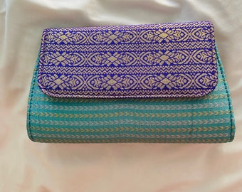 Handcrafted Clutch Purse For Women 5 Unique Designs, Ethnic Clutch bags, recycled plastic sling bag- Light Green With Purple Flap