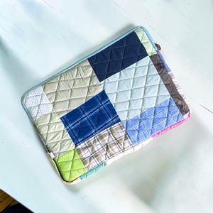 Puede incluir: Una funda acolchada rectangular para portátil con un diseño de patchwork de varios cuadrados de tela en tonos azul marino, azul claro, verde salvia y blanco. La funda tiene un borde ribeteado en azul claro y una cremallera en la parte superior.