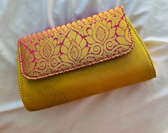 Handcrafted Clutch Purse For Women 5 Unique Designs, Ethnic Clutch bags, recycled plastic sling bag- Gold with Gold Flap