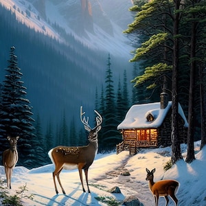Cabin in the Woods Winter Landscape Painting