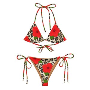 Leopard Print Bikini Set, Tropical Hibiscus Floral Swimsuit, Jungle Summer Swimwear