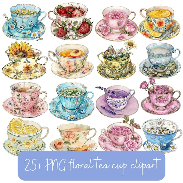 25+ PNG Floral Teacup Clipart, Tea Time Decor, Tea Party Bundle, Tea Cups and Teapot with Flowers For Tea Lover Social Club Digital File