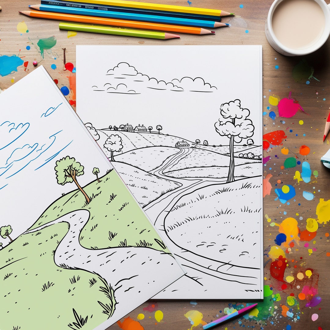 Stress Relief Printable Coloring Pages, Instant Download, 15 Landscape