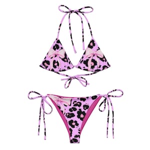 Leopard Print String Bikini Set – Pink Adjustable Swimwear with Bows