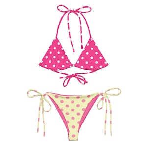 Pink Polka Dot Bikini, Yellow Adjustable String Swimsuit Set